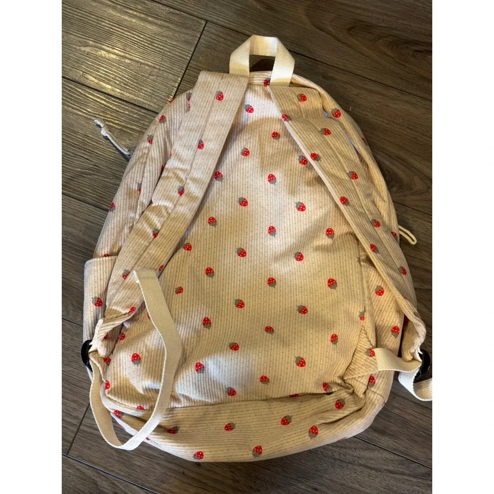 Strawberry Print Corduroy Backpack Kawaii School Bookbag